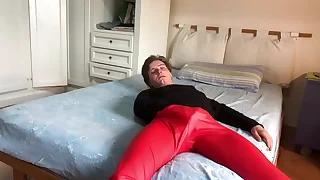 Fetish with red leather pants