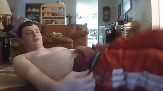 White shirtless dear boy with red adidas pant & red boxer rude naked