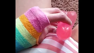 Femboy jerking dildo, gets ruffled