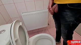 Uncircumcised cock pees beyond the principle toilet